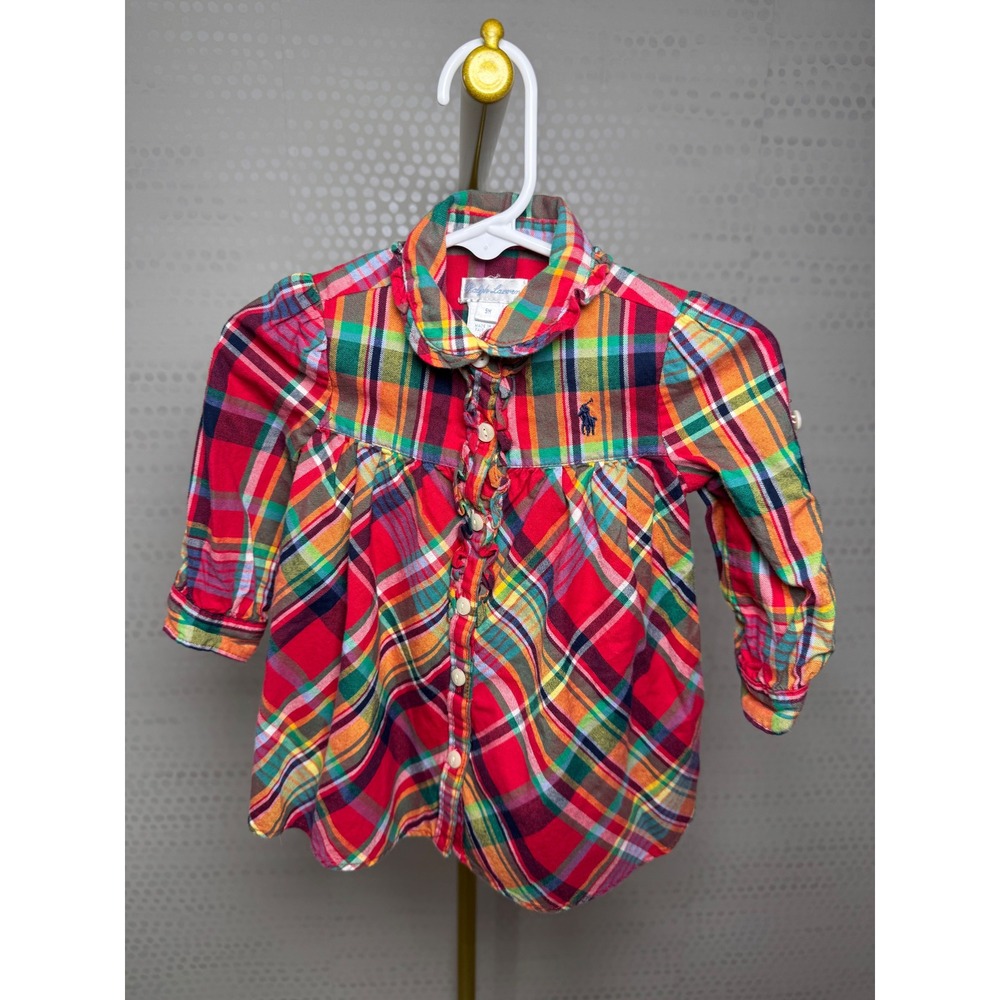 Ralph Lauren Baby Girls 9M Plaid Ruffle Button-Front Tunic Top Multicolor